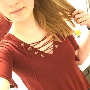 Red Lace Up Loose Top